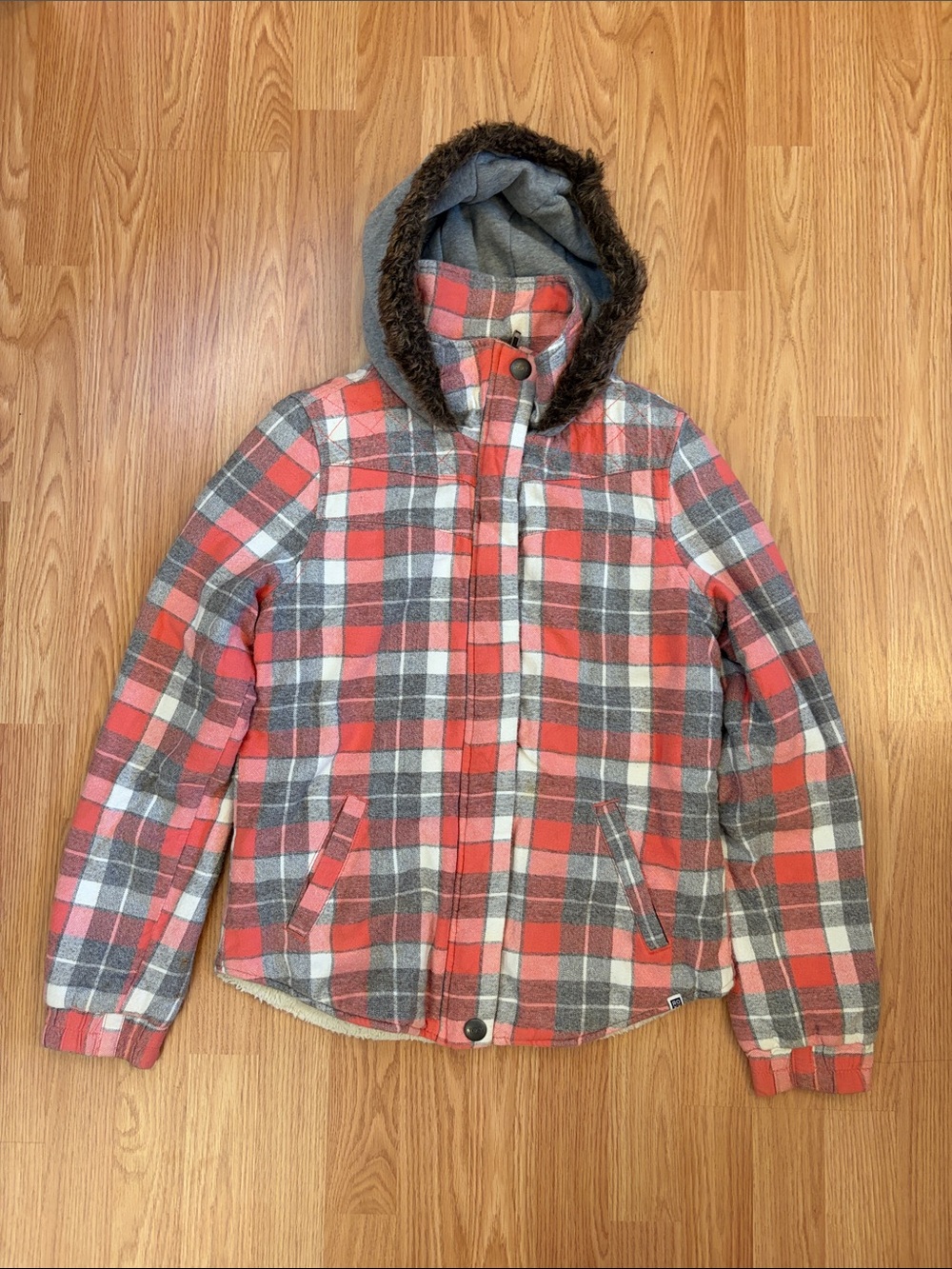 Roxy Pink Gray White Plaid Ski Jacket with Faux Fur Hood